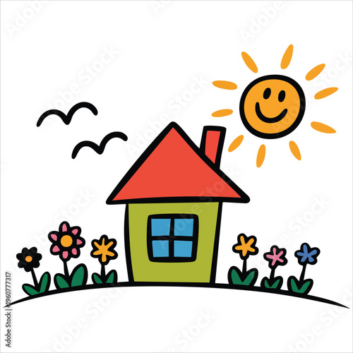 Architectural Sketch of a Cozy House on Graph Paper Background isolated vector illustration on white background