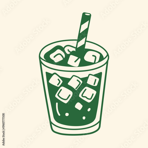 Iced coffee with straw. A hand - drawn illustration of strong iced coffee. The drink is served in a tall glass with a straw and ice cubes, featuring a minimalist green outline.