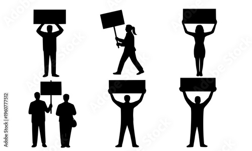 Black silhouette collection of people holding blank signs and placards in various poses, perfect for protest, demonstration, announcement, and social activism themed design concepts