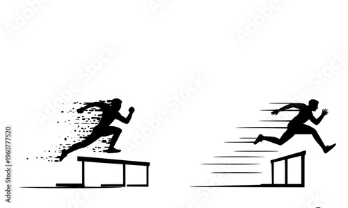 Black silhouette of athletes jumping over hurdles in a dynamic track and field race, depicting speed, agility, and competitive sports energy perfect for fitness and athletics design concepts