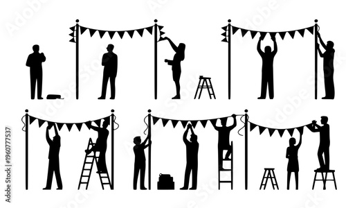 Black silhouette collection of workers and people decorating with bunting flags and garlands on poles using ladders, perfect for festive event setup, celebration, and party decoration concepts