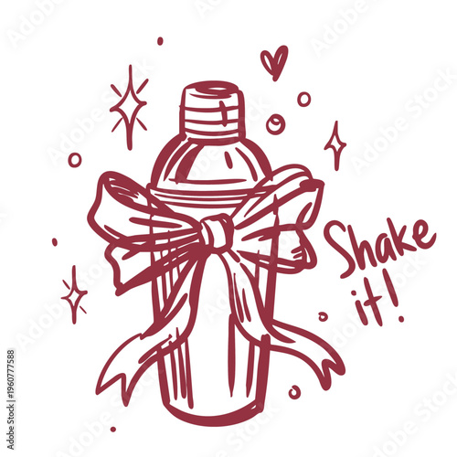 A hand-drawn vector illustration of a cocktail shaker with a bow, accompanied by the text "Shake it!", perfect for use in bar promotions, cocktail events, or party branding.