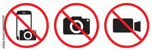 No Photography and Video Recording Icon Set – Prohibition Symbols, Camera
 and Video Ban Vector Collection
