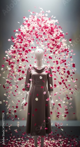 Woman in brown dress with flowers.