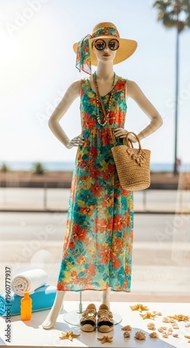 Woman in floral dress on beach.
