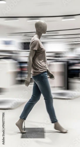Woman walking fast through interior space.