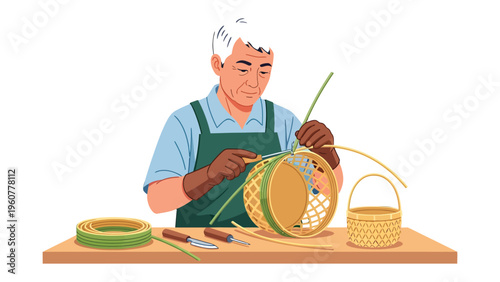 Artisan Weaving Baskets: An artisan meticulously crafts a traditional basket, showcasing the patience, precision, and artistry of a timeless craft.