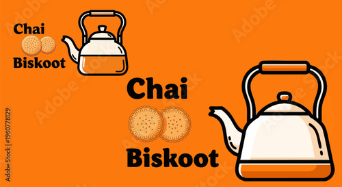 Chai Biskoot vector illustration with traditional tea kettle and biscuits, Indian tea culture concept, flat cartoon style on orange background