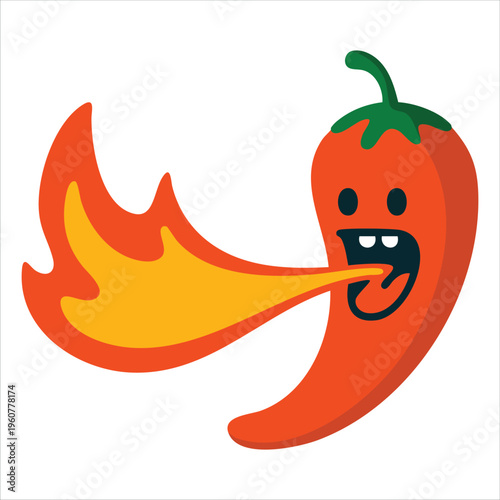 Spicy Chili Pepper with Open Mouth Showing Fangs While Breathing Fire