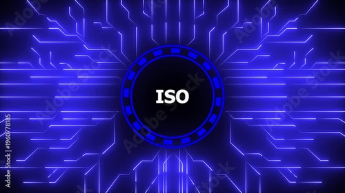 Digital iso certification concept with animated futuristic blue circuitry background,4k animation motion video.