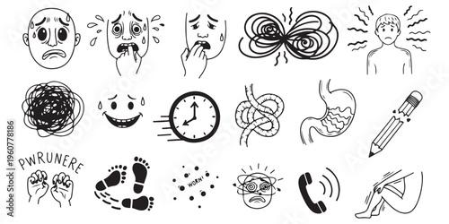 Anxiety and stress doodle set with sweating faces tangled thoughts time pressure and stomach pain symbols.
