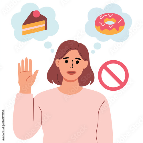 Woman Following a Strict Dessert Diet isolated vector illustration on white background