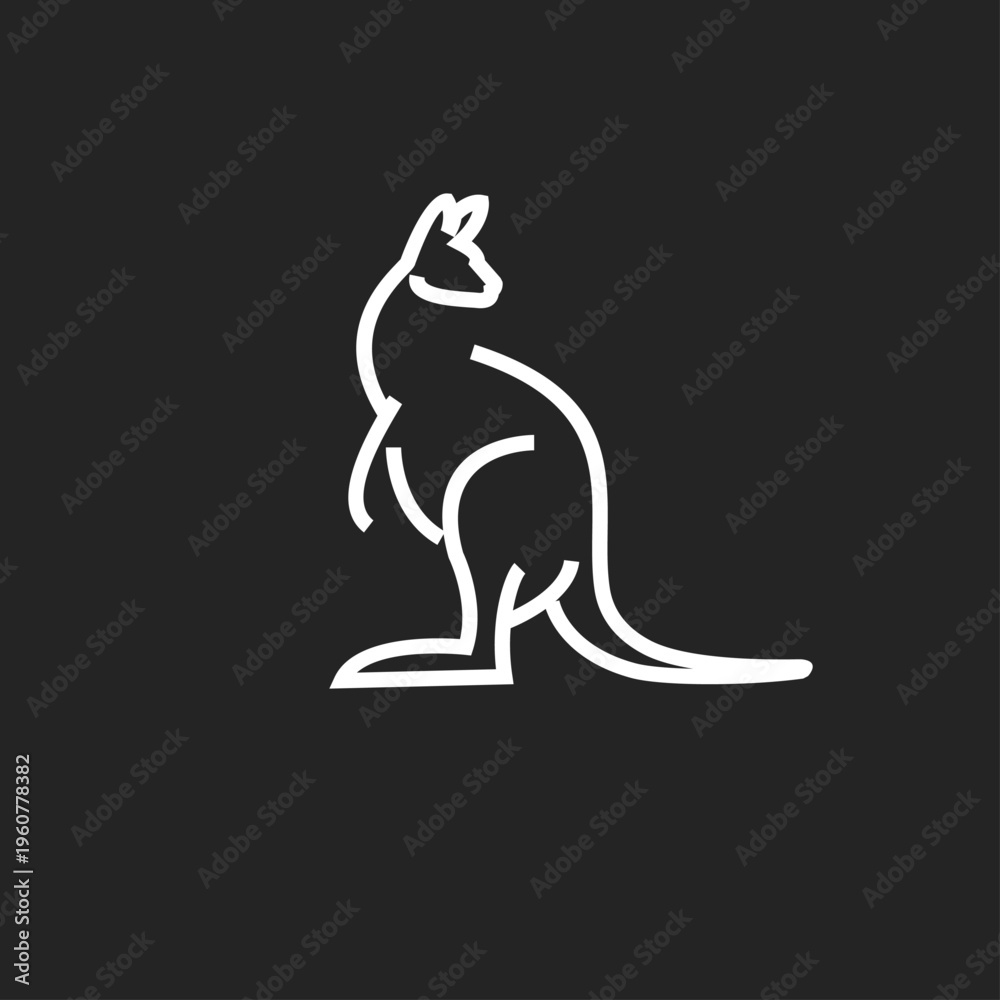 Fototapeta premium Minimalist White Line Art Kangaroo Logo on Black Background - Stylized Animal Icon Design