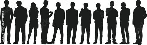 Silhouettes of eleven business professionals standing side by side, symbolizing teamwork, leadership, diversity, corporate culture, and organizational unity in modern workplace environments