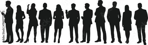Silhouettes of eleven business professionals standing in a row, representing teamwork, leadership, corporate diversity, communication, and organizational dynamics in modern workplace environments