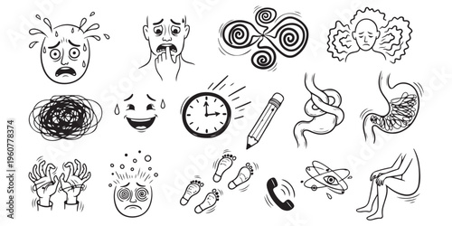 Nervousness and burnout doodle set with sweating person spiral eyes stomach cramps and time rush graphics
