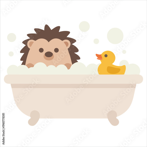 Flat Vector Illustration of Cute Hedgehog Bathing in Bathtub with Bubbles for Pet Grooming