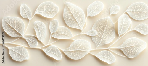 Elegant White Leaves Texture Serene Botanical Pattern with Transparent Veins on Beige Background.