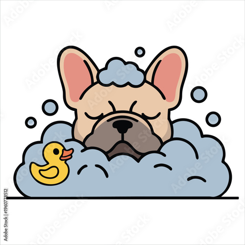 Adorable Frenchie Character Surrounded by Bubbles and Rubber Duck for Grooming Graphics