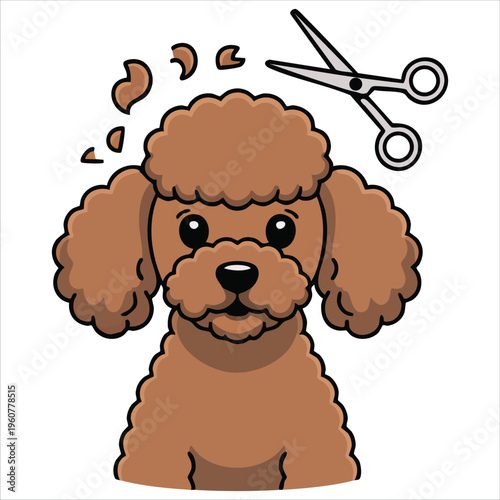 Adorable Poodle Character Having a Haircut with Scissors for Pet Grooming Illustration