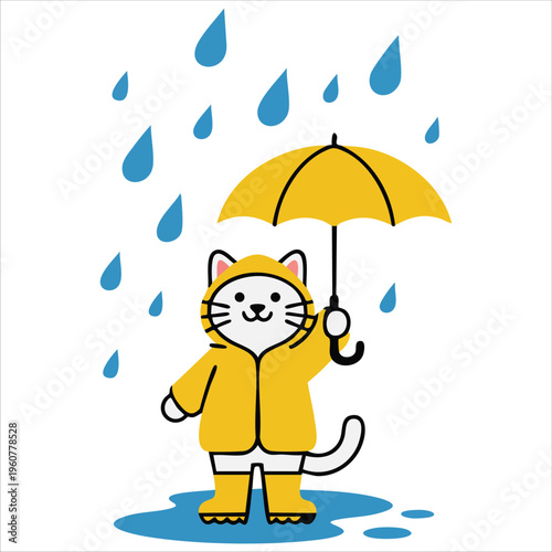 Cute Cat Wearing Yellow Raincoat and Boots Holding Umbrella in Flat Vector Rainy Day Style