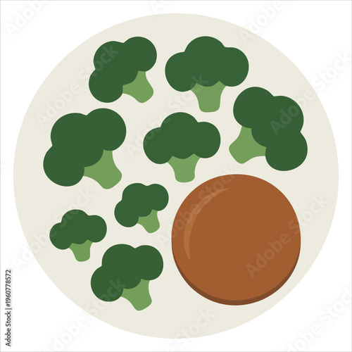 Healthy Meal of Broccoli with Cutlet Served on a Clean White Plate isolated vector illustration on white background