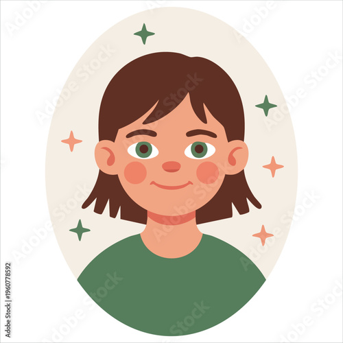Girl in Green Attire with Brown Hair on a Snowflake Blue Background isolated vector illustration on white background