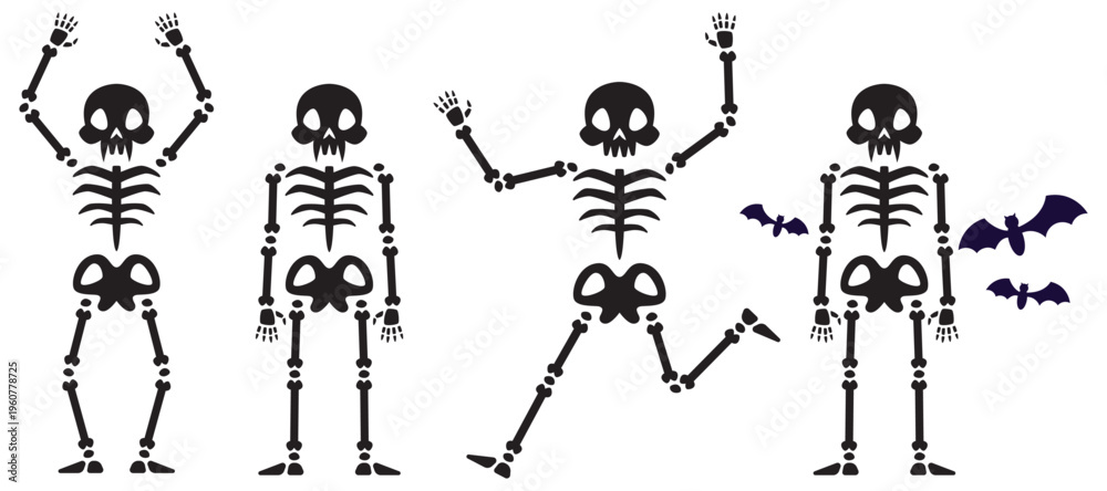 Fototapeta premium Halloween Skeleton Icon Set – Spooky Skull and Bone Characters, Horror Silhouette Vector Collection