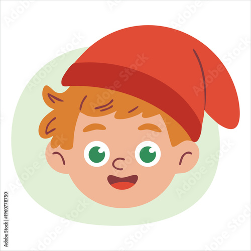 Kid in Red Hat and Red Clothes Standing on a Light Green Background isolated vector illustration on white background