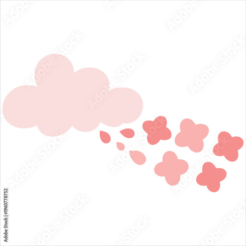 Fluffy Pink Cloud Surrounded by Blossoming Flowers on White isolated vector illustration on white background