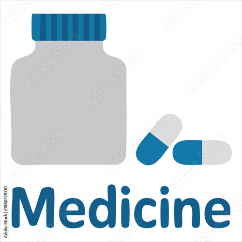 Medicine Bottle with Capsules and Tablets on a Blue Background isolated vector illustration on white background
