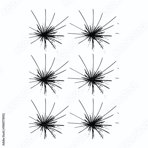 Abstract geometric illustration of radiating lines and central bursts in six variations