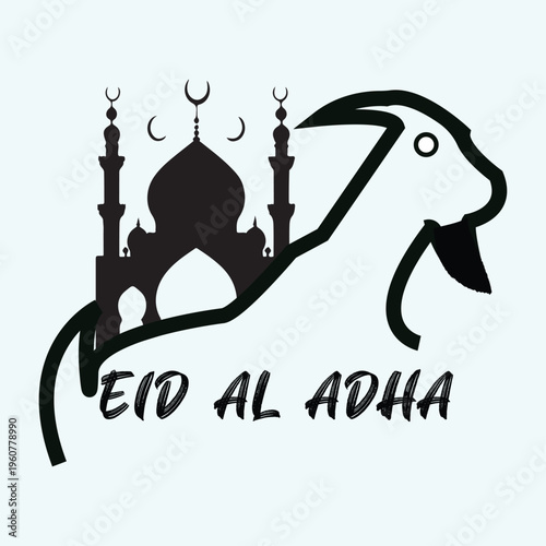 Eid al adha illustration featuring a mosque and a camel silhouette.
