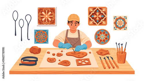 Crafting Ceramic: A focused artisan meticulously molds and carves intricate designs into fresh clay, bringing artistic visions to life. 