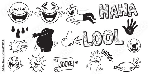 
Comedy elements set with lool text and laughing faces plus clown head and funny gesture icons on white background.
