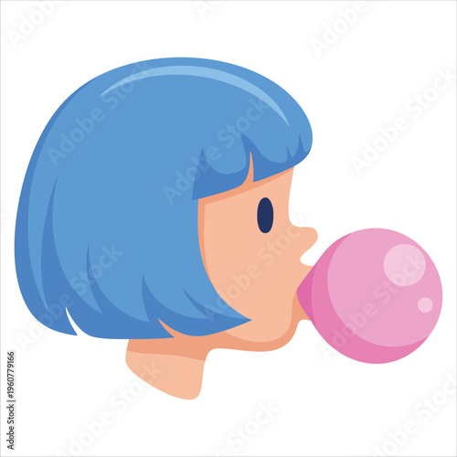 Girl with Blue Hair and Bubble Gum Silhouette Vector Illustration