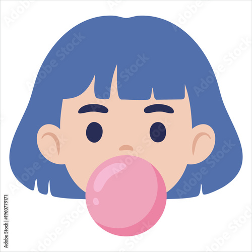 Silhouette of a Young Woman with Blue Hair Blowing a Pink Bubble Gum