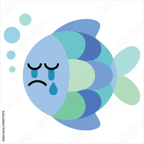 Crying Cartoon Fish Dropping Tears with Sad Expression Isolated on White