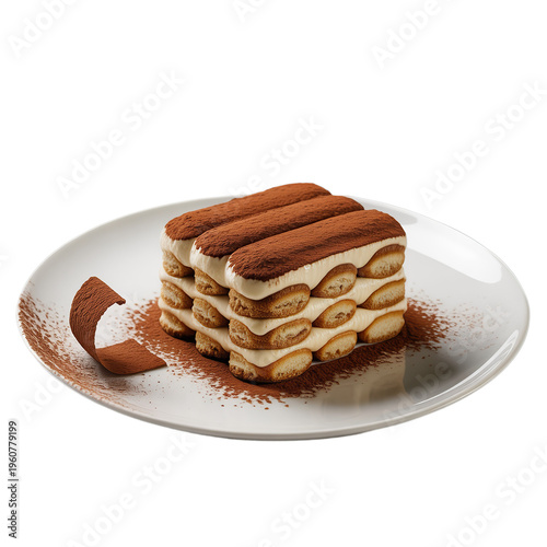 Tiramisu On White Plate isolated on white background