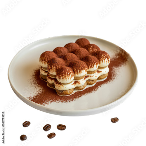 Tiramisu On White Plate isolated on white background