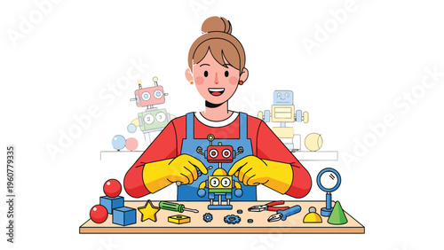 Crafting the Future: A skilled craftswoman concentrates on assembling a small robot, surrounded by tools and spare parts, a fusion of creativity and technology.