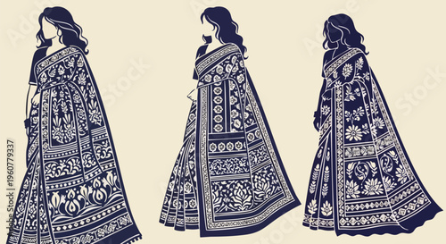 Traditional Indian saree vector set, elegant navy blue ethnic woman silhouettes, floral block print pattern sari collection for fashion design