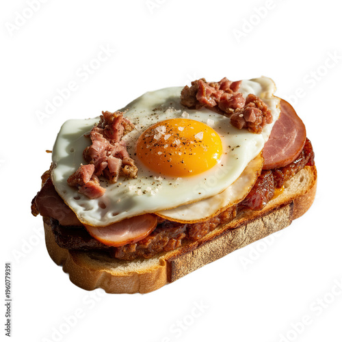 Toast bread with pork belly, egg, ham, sausage isolated on white background