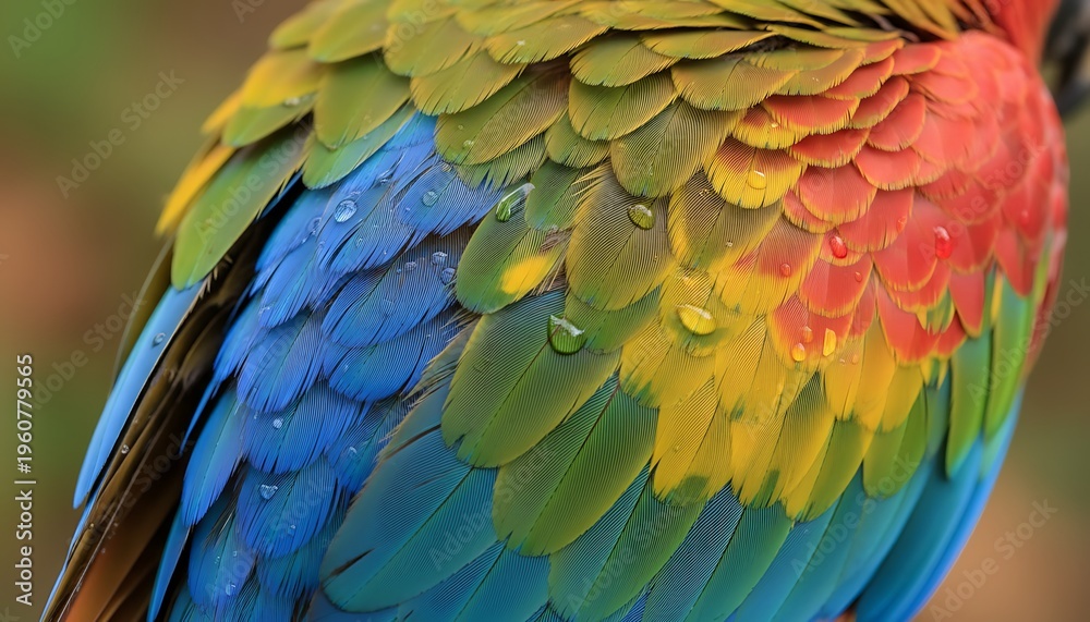 Obraz premium A close-up view of the vibrant feathers of a parrot, showcasing a colorful array of textures and hues.