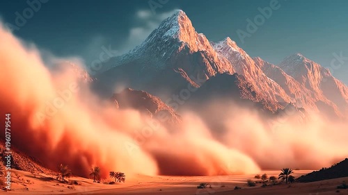 Majestic Mountain Peaks Rising Above the Desert Landscape with Clouds.