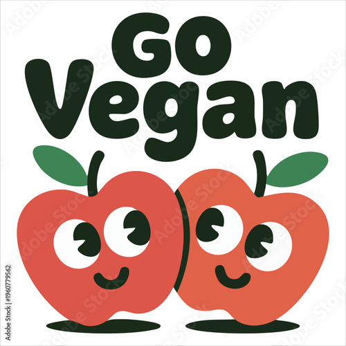 Go Vegan Poster with Two Flirting Apple Characters Vector Artwork