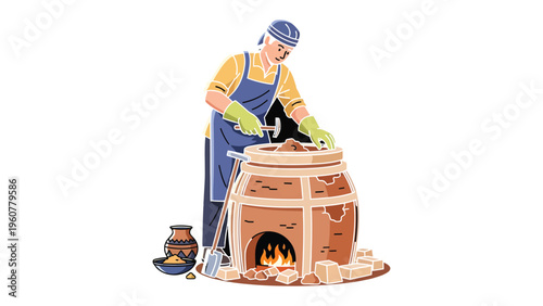 Pottery Artisan and Kiln: A skilled artisan works with precision, shaping and refining pottery inside a traditional kiln, symbolizing the fusion of craft and fire.