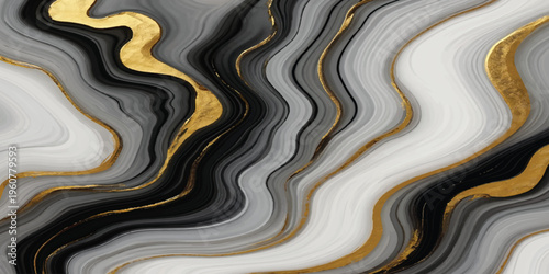 An abstract stone background texture features a seamless wavy pattern of liquid gold and brown metallic swirls with a paint-like surface design for an artistic wallpaper backdrop