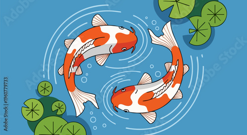 Japanese koi fish swimming in pond vector illustration, orange and white carp with lily pads, zen garden water ripples background