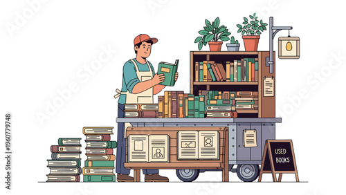 Literary Oasis: A vendor curates a collection of literary treasures, offering a haven for book lovers amid potted greenery and charming street scenes.